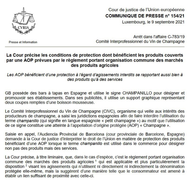 Interdiction de désignation de services par évocation de l'appellation... Champagne ! (CJUE, 9 sept 2021, C-783/19),   Interdiction de désignation de services par évocation de l'appellation... Champagne ! (CJUE, 9 sept 2021, C-783/19),