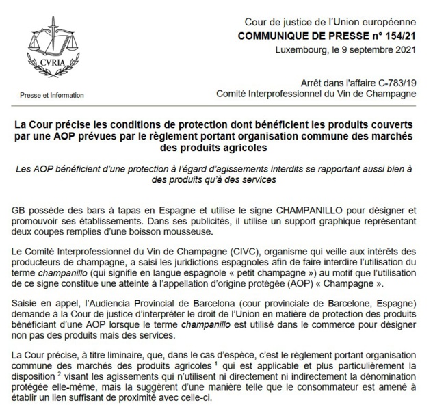 Interdiction de désignation de services par évocation de l'appellation... Champagne ! (CJUE, 9 sept 2021, C-783/19),  