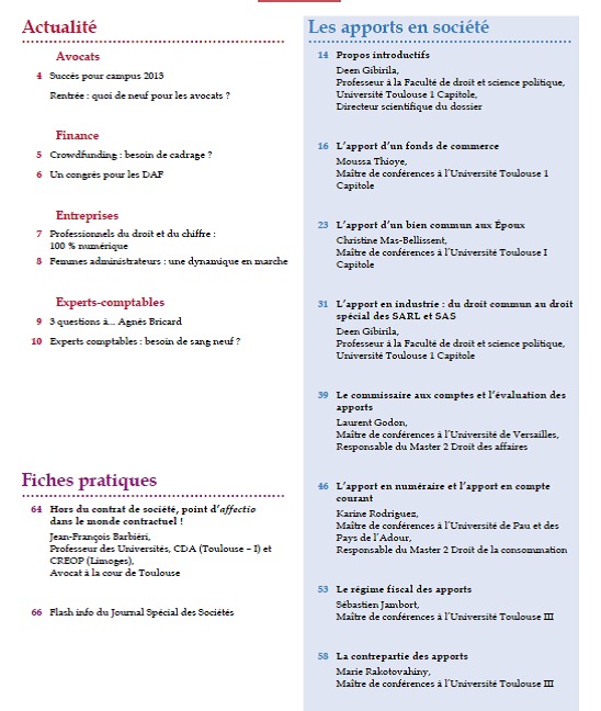 Dossier sur les apports en société, dir. D. GIBIRILA, par Le Journal des Sociétés, n° 111.