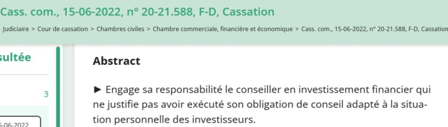 Le CIF "doit s'enquérir auprès de ses clients de leurs connaissances et de leur expérience en matière d'investissement" (Cass. com., 15 juin 2022). Le CIF "doit s'enquérir auprès de ses clients de leurs connaissances et de leur expérience en matière d'investissement" (Cass. com., 15 juin 2022).