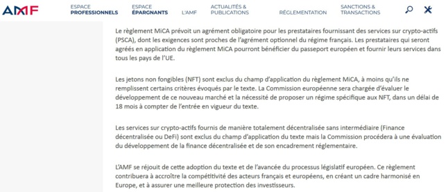 Règlement MICA : les crypto-actifs n'incluent pas les NFT sauf si les NFT sont plutôt des cryptos-actifs ! Règlement MICA : les crypto-actifs n'incluent pas les NFT sauf si les NFT sont plutôt des cryptos-actifs !