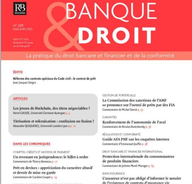 Les jetons de blockchain, des titres négociables ? Banque & Droit, mai-juin 2023, n° 209.