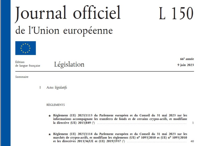 Le règlement MICA est publié au JO de l'UE (ci-joint MICA en PDF)