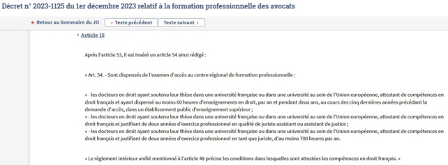 Seuls les docteurs en droit avec une expérience sont dispensés de l'examen d'entrée au CRFPA ! (Décret n° 2023-1125 du 1er décembre 2023)