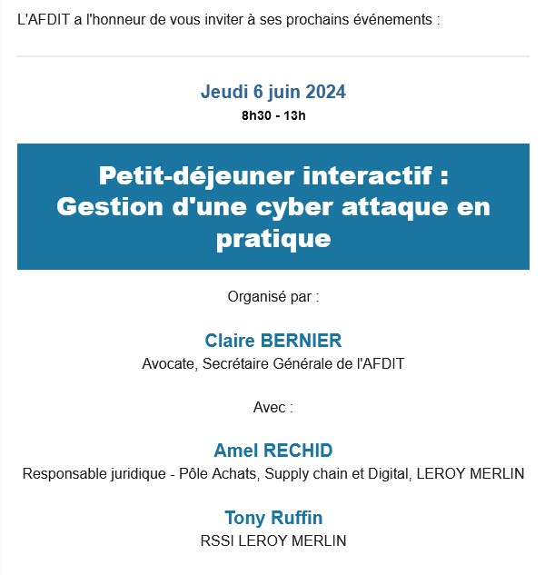Réagir aux cyber-attaques : une matinée organisée par l'AFDIT, 6 juin 2024. Réagir aux cyber-attaques : une matinée organisée par l'AFDIT, 6 juin 2024.