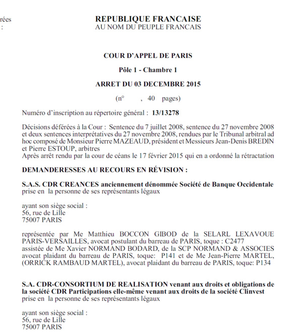 Bernard TAPIE perd tout ! Voyez l'arrêt Tapie de la Cour d'appel de Paris du 3 décembre 2015 (PDF joint)