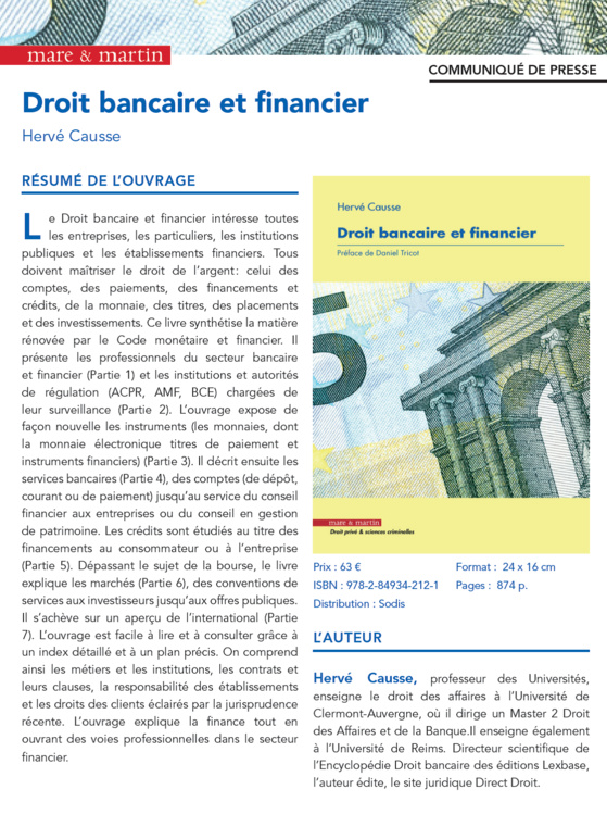 Droit bancaire et financier, 2016, 874 p., Préface Daniel TRICOT, Communiqué de presse des éditions Mare et Martin