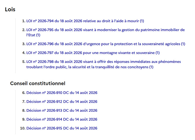Les lois du 18 août 2026 ! Un lourd journal officiel... qui comporte le droit à mourir.