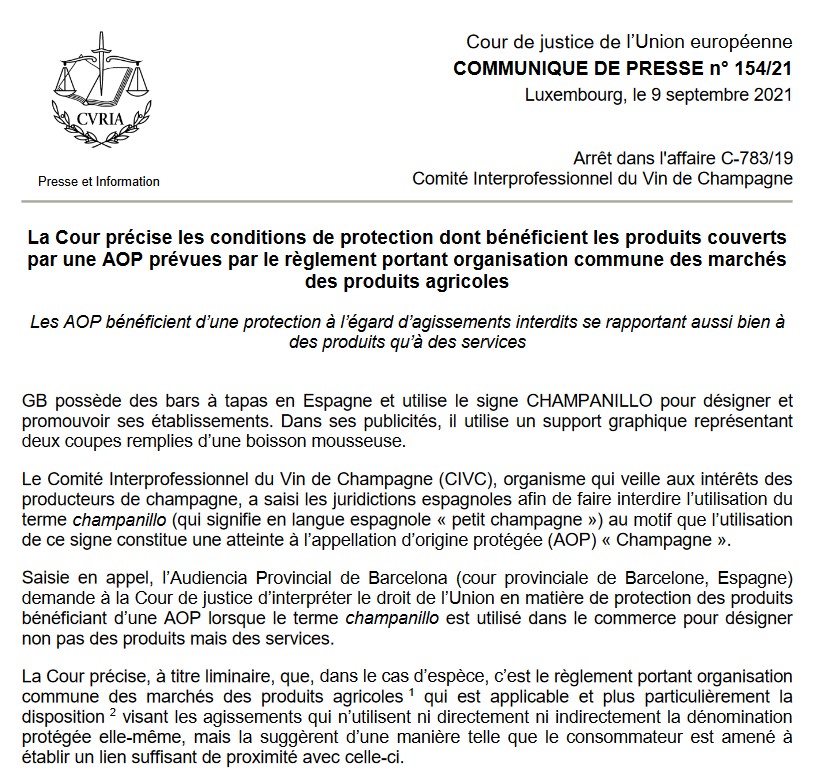 Interdiction de désignation de services par évocation de l'appellation... Champagne ! (CJUE, 9 sept 2021, C-783/19),   Interdiction de désignation de services par évocation de l'appellation... Champagne ! (CJUE, 9 sept 2021, C-783/19),