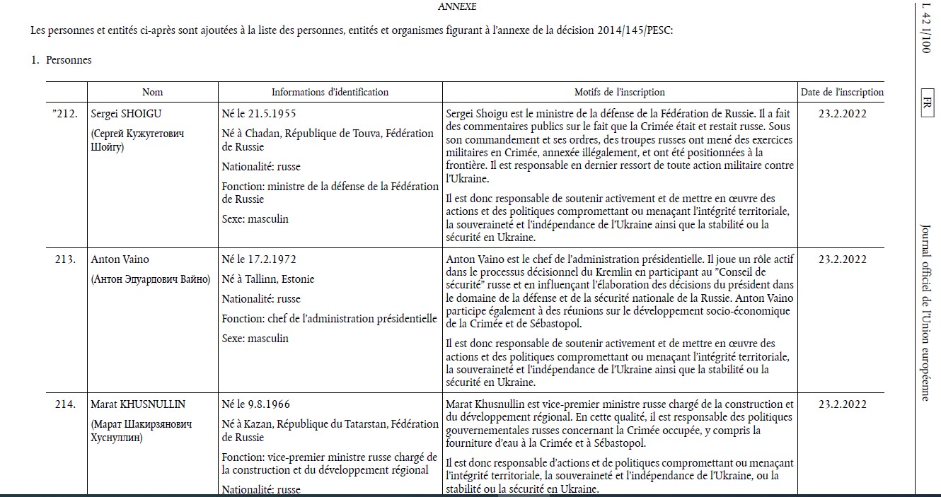 Gel des avoirs de la Russie et des Russes, tous interdits d'Union européenne.