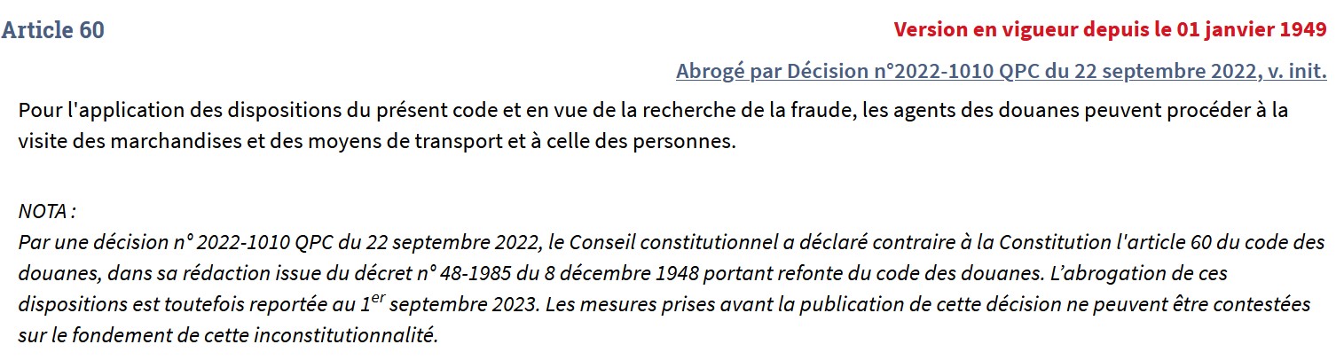 Le Conseil constitutionnel entrave la Douane et les douaniers, annulation de l'art. 60 du Code des douanes (Déc. QPC, 22 sept. 2022)