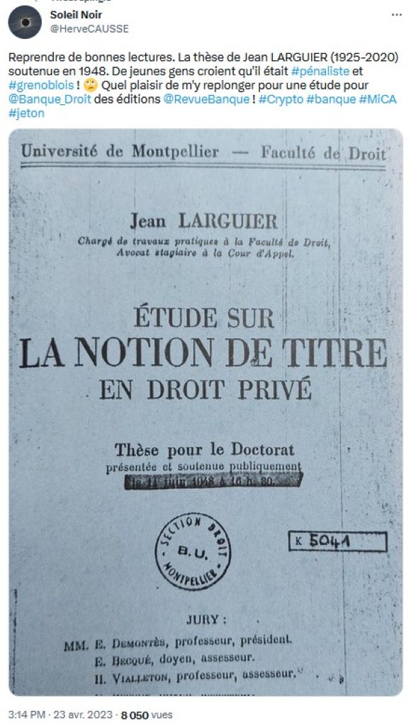 Jean LARGUIER, La notion de titre en droit privé, 1948, thèse Montpellier.