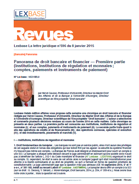 Panorama de Droit bancaire et financier (janvier 2015, éd. Lexbase) Panorama de Droit bancaire et financier (janvier 2015, éd. Lexbase)