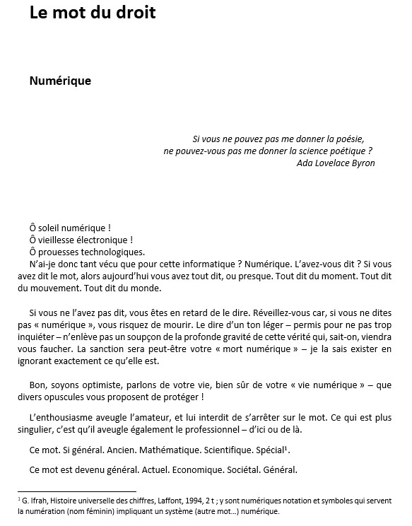 Numérique (Le mot du droit, Revue droit & littérature)