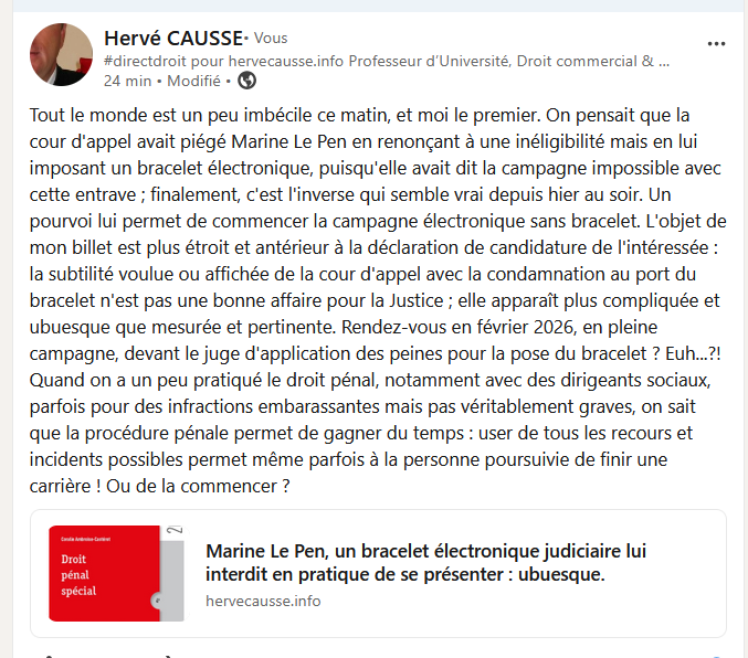 Marine Le Pen, un bracelet électronique judiciaire lui interdit en pratique de se présenter : ubuesque.