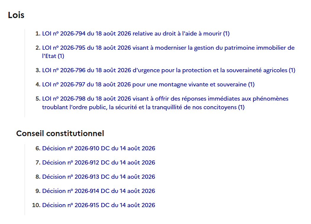 Les lois du 18 août 2026 ! Un lourd journal officiel... qui comporte le droit à mourir.