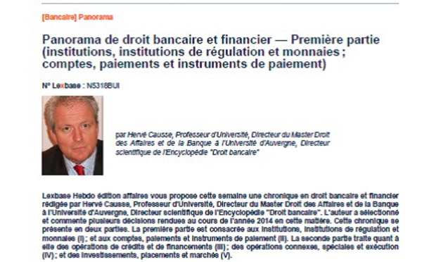 Panorama de Droit bancaire et financier (janvier 2015, éd. Lexbase)
